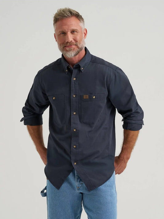 Wrangler® RIGGS Workwear® Long Sleeve Button Down Solid Twill Work Shirt in Navy