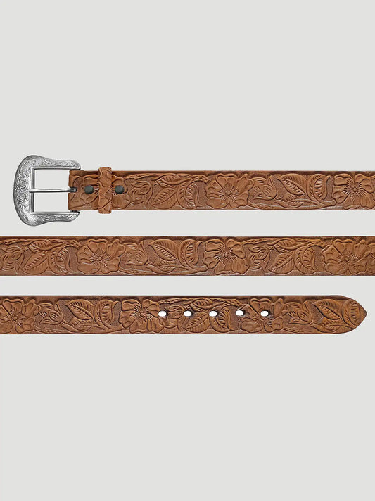 Womens Floral Embossed Leather Belt:Brown:XXL