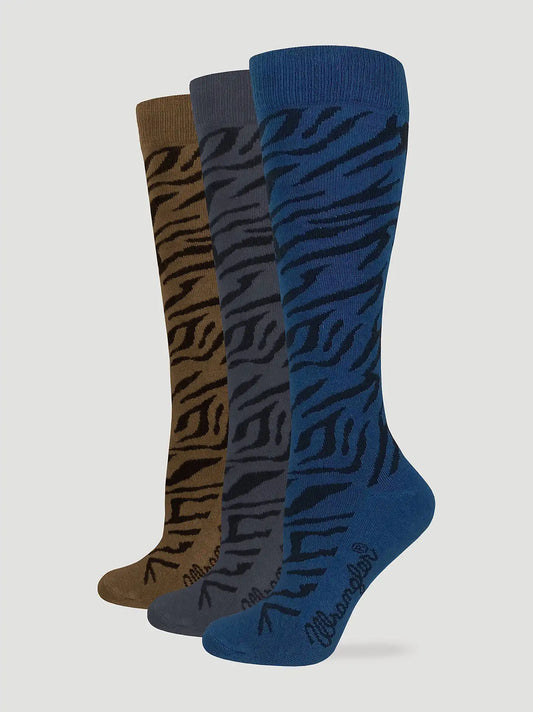 Womens Zebra Knee High Socks 3 Pack:Blue/Grey/Brown:One Size