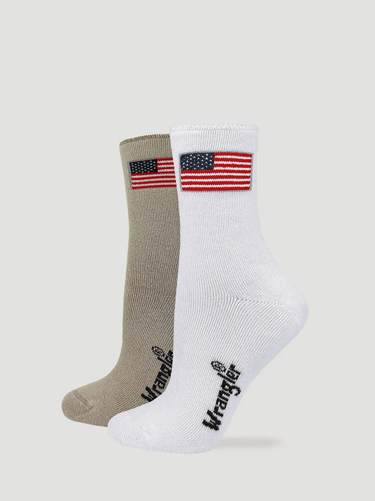 Womens Flag Roll Top Micro Crew Socks 2 Pack:White/Khaki:One Size