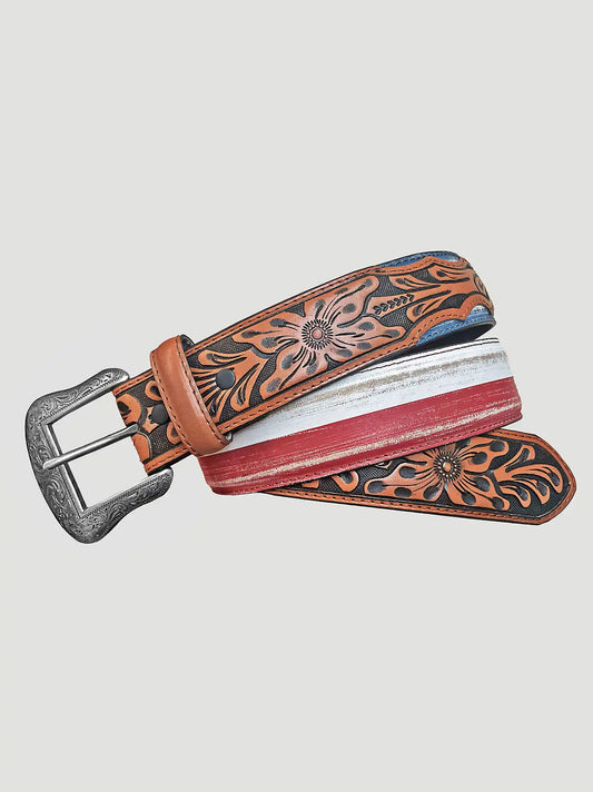 Men's Star Embossed Leather Belt in Brown