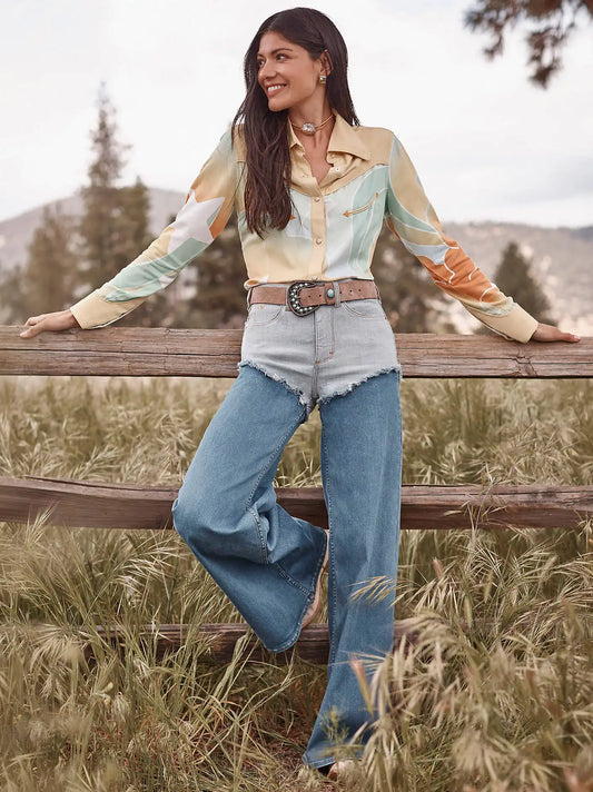 Lainey Wilson x Wrangler Pieced Chaps Cheeky Wide Leg Jean in Classic Blue