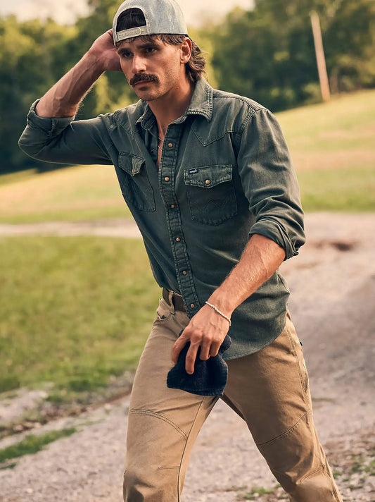 Men's Wrangler® Colorwash Denim Western Snap Shirt in Olive Denim