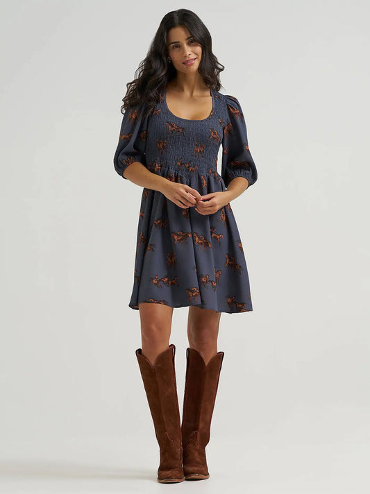 Women's Smocked Puff-Sleeve Babydoll Dress in Blue
