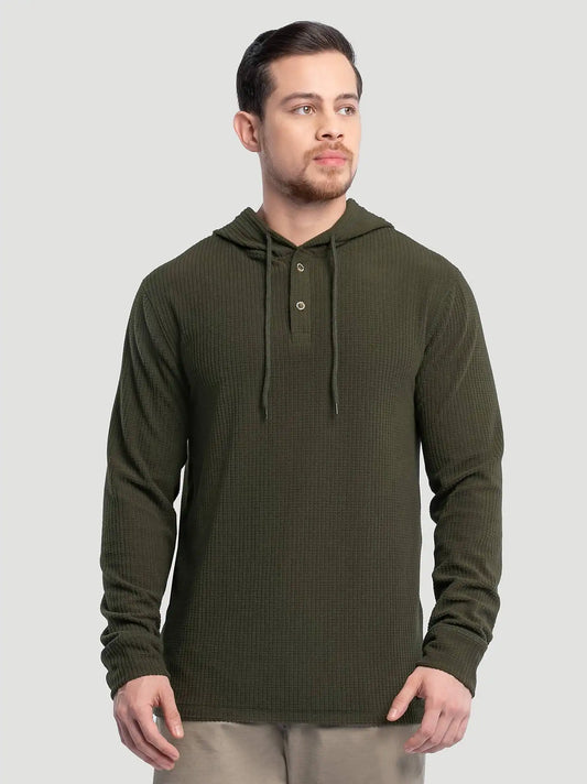 Men's Hooded Workwear Grid Fleece Henley in Olive Green