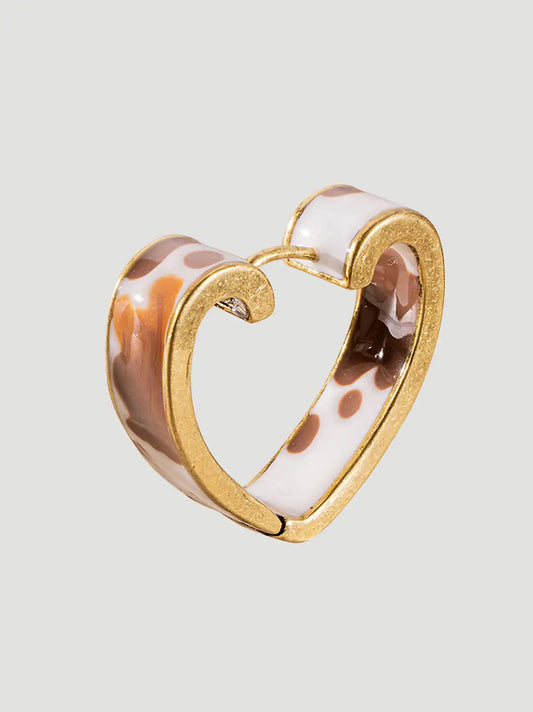Cow Print Heart Hoop Earrings:Gold/Brown:One Size: