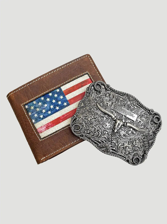 Americana Wallet and Steerhead Buckle Gift Set:Brown:One Size