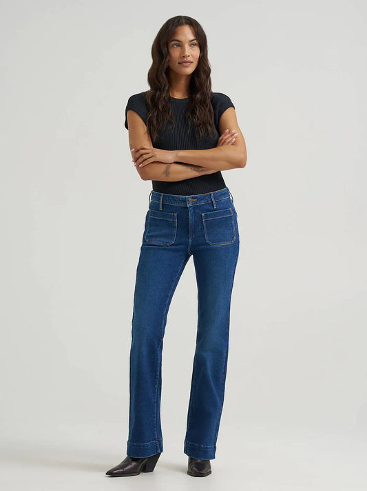 Women's Patch Pocket Rainbow Flare Jean in Dark Wash