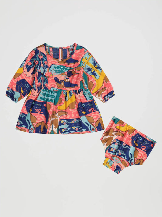 Little Girl's Long Sleeve Western Print Dress in Pink