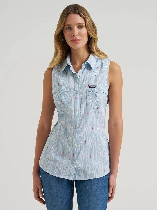 Women's Wrangler Retro® Stripe Slim Western Snap Tank in Blue Dust