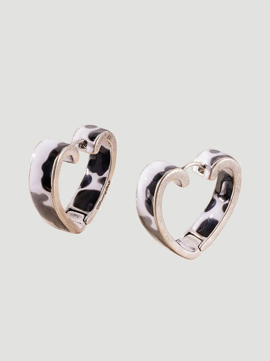 Cow Print Heart Hoop Earrings:Silver/Black:One Size: