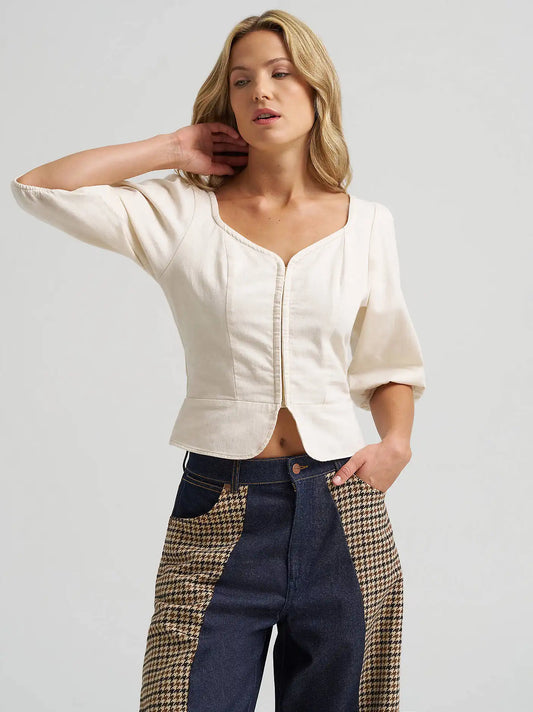 Women's Puff Sleeve Corset Top in Egret