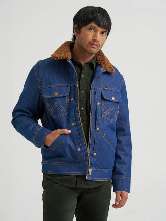 Super Wrangler Men's Sherpa Collar Denim Jacket in Super Raw