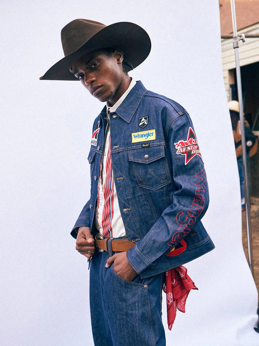 Wrangler x AVIREX AOP Patch Jacket in Raw Indigo