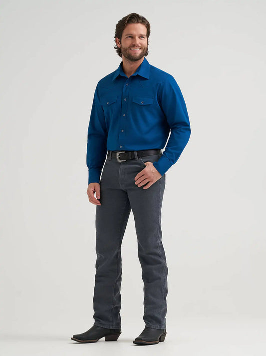 Wrangler® Long Sleeve Solid Broadcloth Western Snap Shirt in Blue