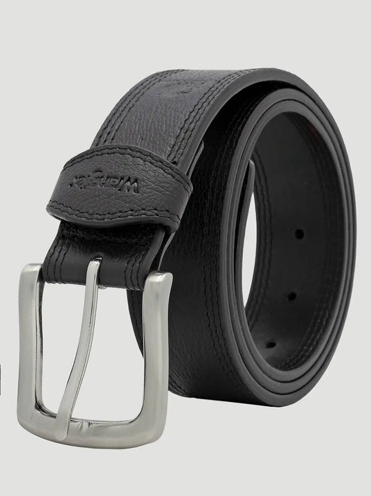Men's Triple Stitch Bison Leather Belt in Black
