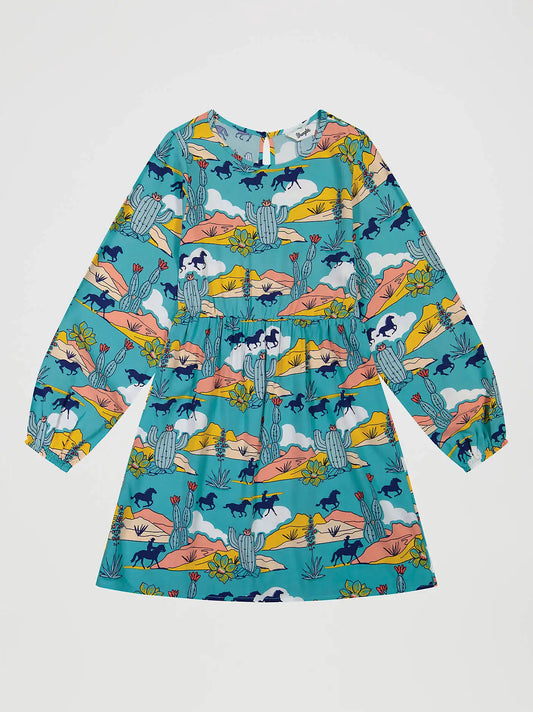 Girl's Bishop Sleeve Dress in Turquoise