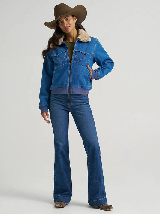 Women's Wrangler Denim Sherpa-Lined Bomber Jacket in Denim