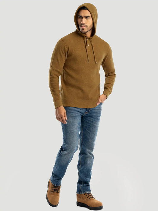 Men's Hooded Workwear Thermal Waffle Henley in Rubber Brown