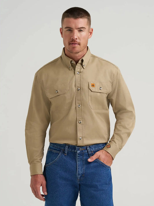 Wrangler® FR Flame-Resistant Button Down Work Shirt in Khaki
