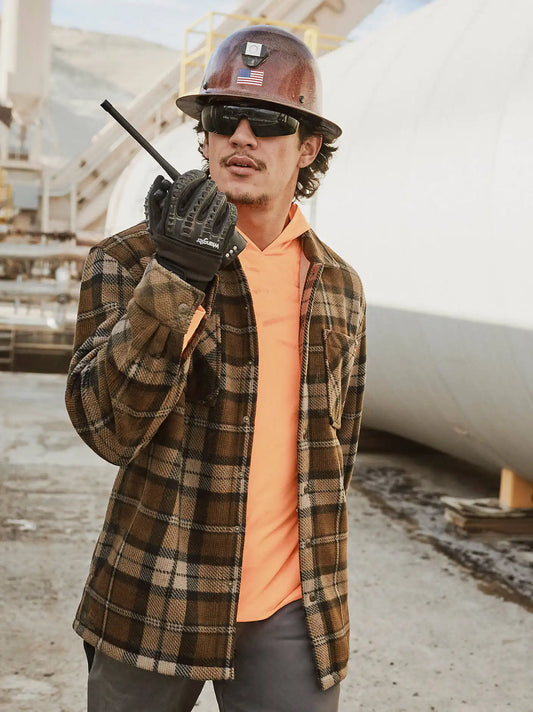 Men's Faux Shearling Workwear Flannel Overshirt in Brown Check
