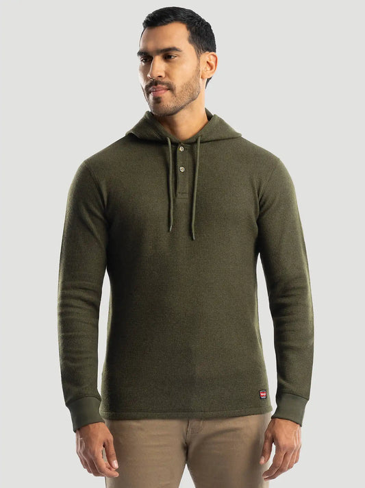 Men's Hooded Workwear Thermal Waffle Henley in Olive Green