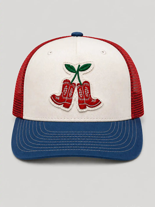 Americana Cherry Boots Mesh Trucker Hat:White/Red/Blue:One Size