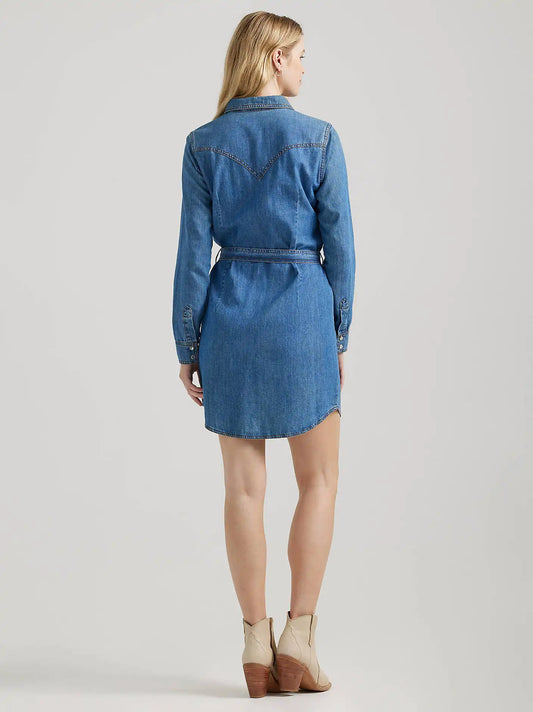 Women's Wrangler Classic Western Snap Denim Dress in Mid Denim