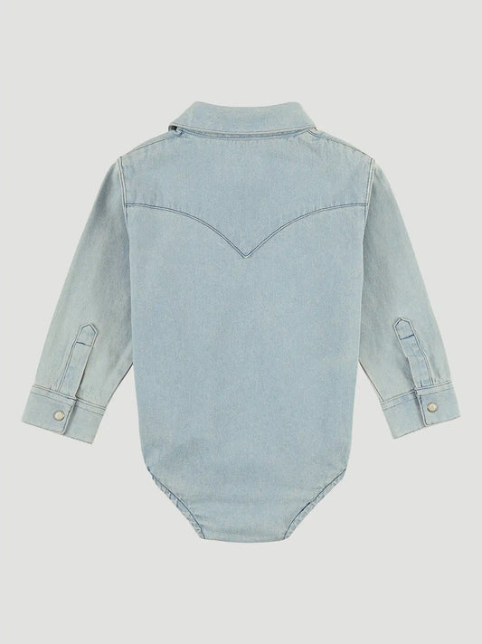 Baby Boy Long Sleeve Denim Bodysuit with Western Snap Placket in Faded Blue