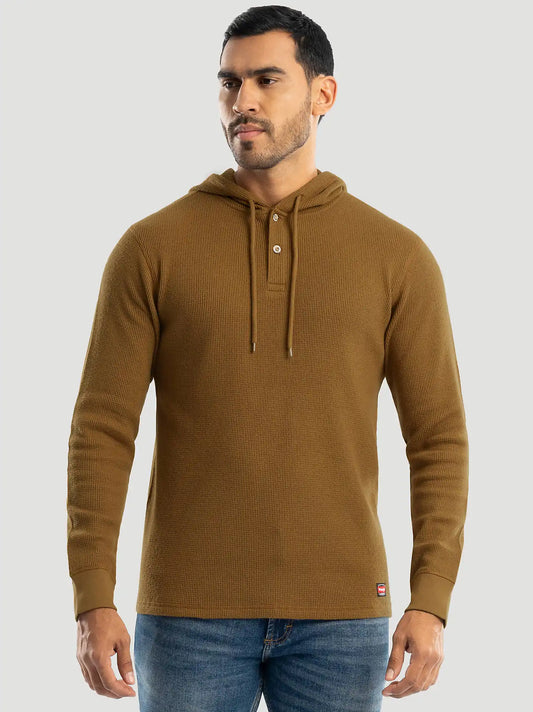 Men's Hooded Workwear Thermal Waffle Henley in Rubber Brown
