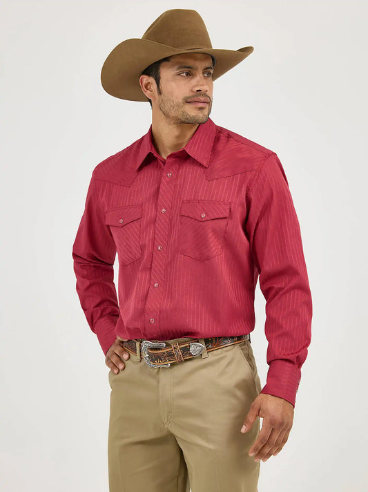 Wrangler® Western Long Sleeve Western Snap Dobby Stripe Shirt in Wine