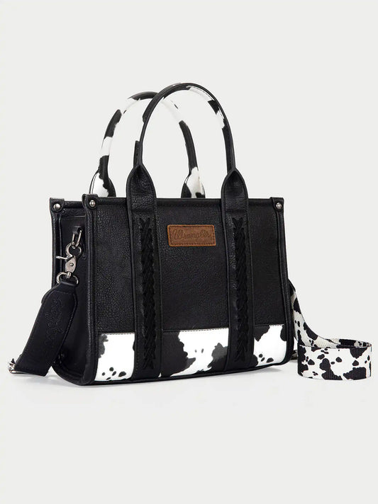 Cow Print Cross Body Small Tote:Black:One Size: