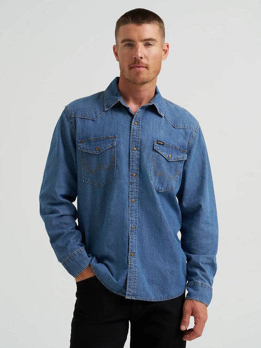 Men's Denim Western Snap Front Shirt in Mid Tint Denim