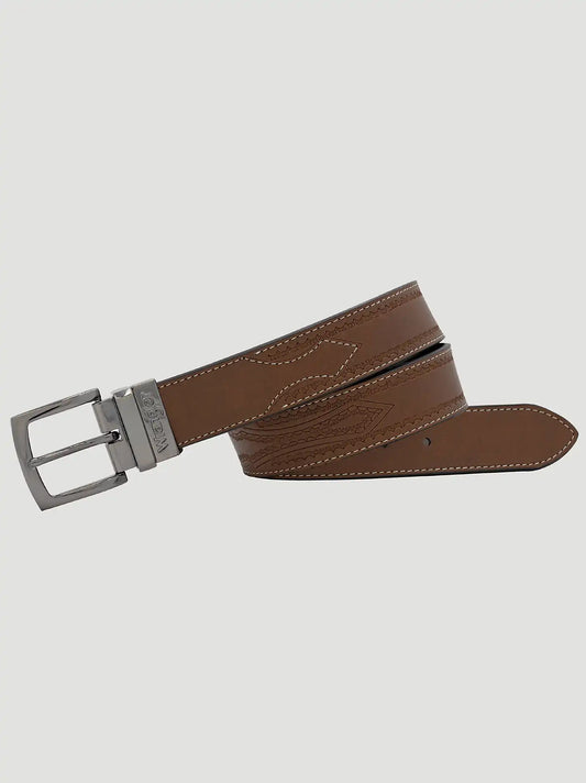 Men's Reversible Embossed Pattern Western Belt in Tan/Black