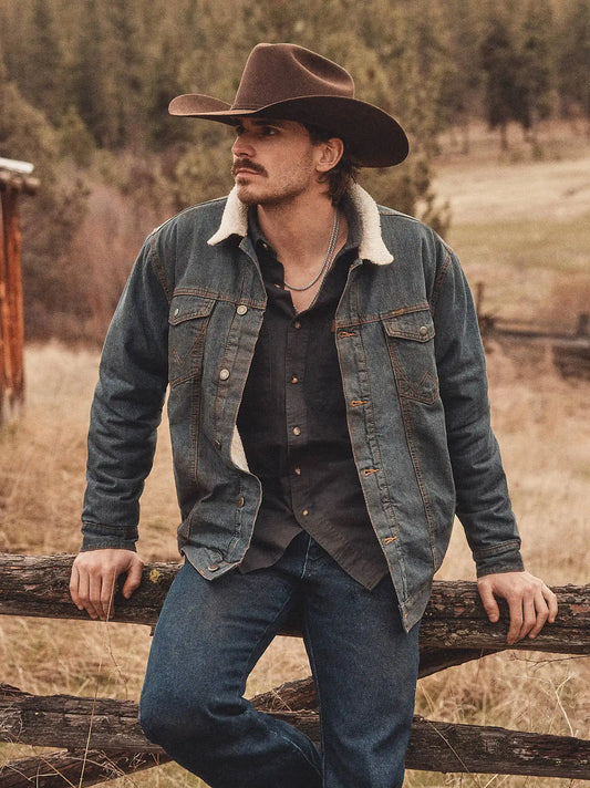 Wrangler® Western Sherpa Lined Denim Trucker Jacket in Rustic