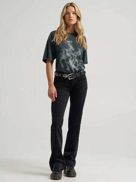 Women's Patch Pocket Corduroy Rainbow Flare Jean in Jet Black