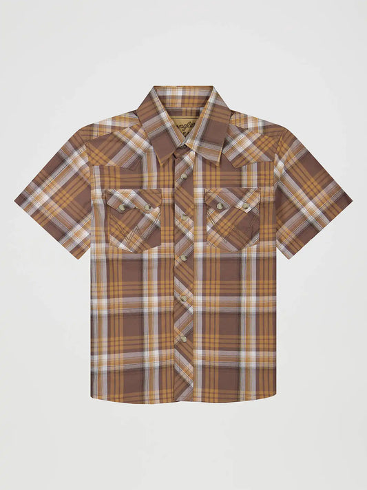 Boy's Wrangler Retro® Short Sleeve Western Snap Shirt in Maple Brown