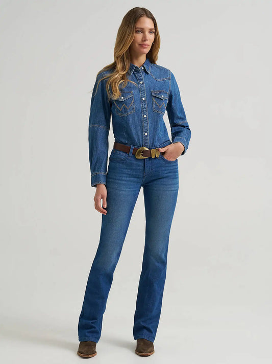 Women's Barrel Sleeve Denim Western Snap Shirt in Denim