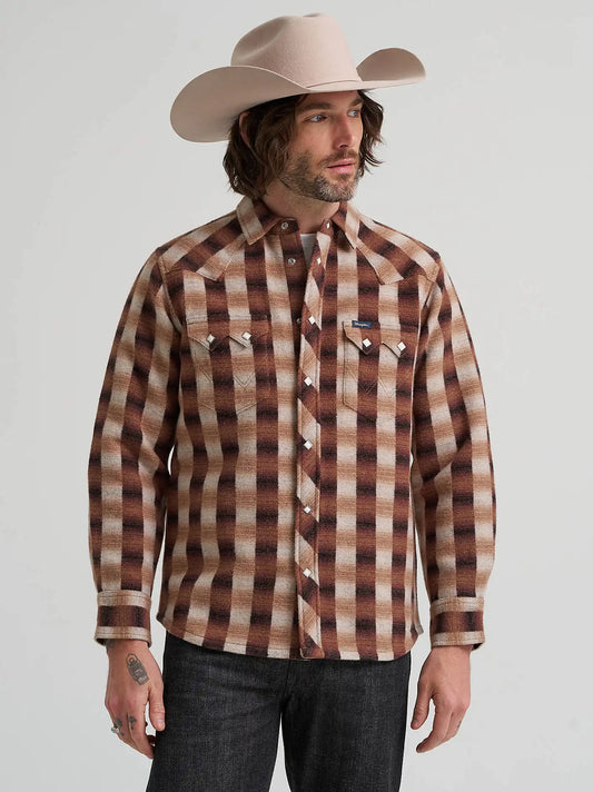 Men's Western Plaid Wool Blue Bell Shirt in Ombre