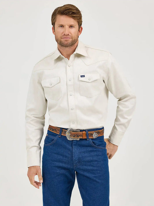 Cowboy Cut® Firm Finish Long Sleeve Western Snap Solid Work Shirt in Stone