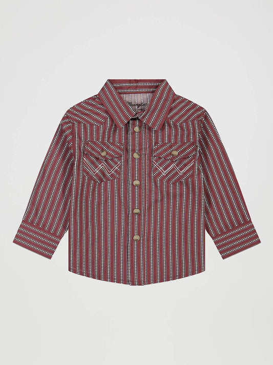 Little Boy's Long Sleeve Print Western Snap Shirt in Red Stripes