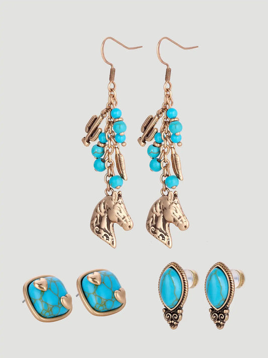 Turquoise Stone Earrings 3 Piece Set:Gold:One Size: