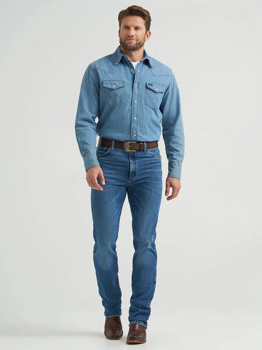 Wrangler® Cowboy Cut® Slim Fit Vintage Wash Jean in Indigo Blue
