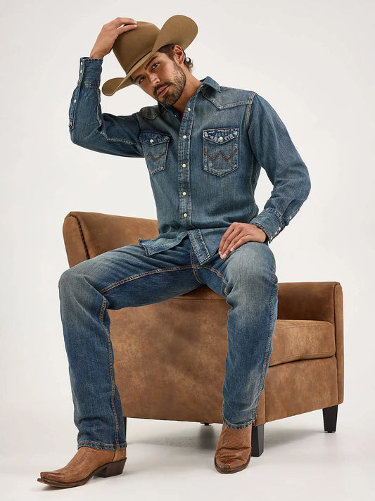 Cowboy Cut® Long Sleeve Western Denim Snap Work Shirt in Antique Blue