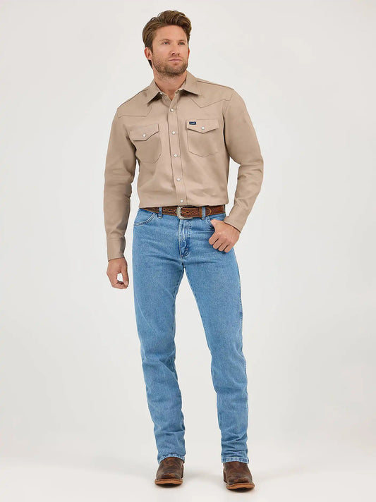 Cowboy Cut® Firm Finish Long Sleeve Western Snap Solid Work Shirt in Khaki