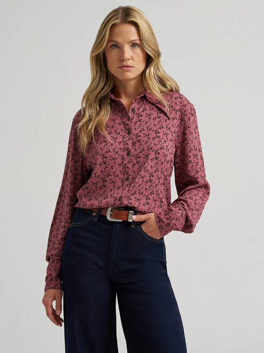 Women's Tess Dramatic Collar Floral Shirt in Pink Rose