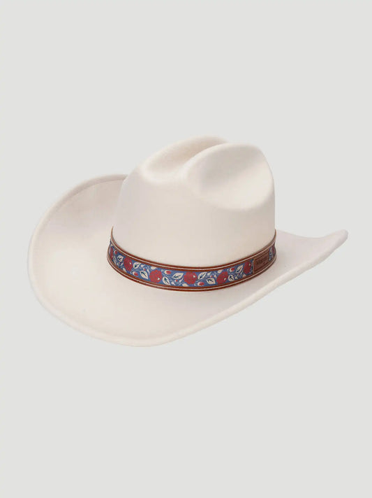 Womens Floral Trim Faux Wool Cowboy Hat:cream:One Size