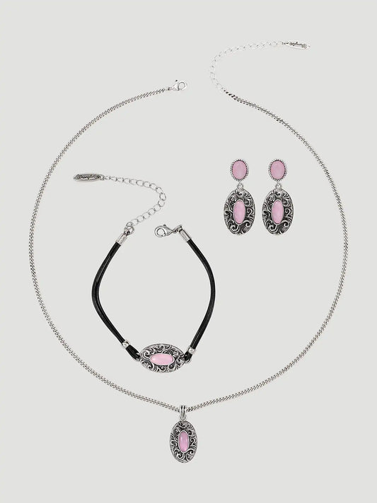 Stone Pendant Necklace Earring Bracelet Set:Pink:One Size
