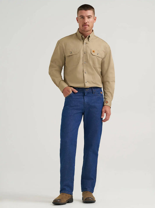 Men's Wrangler® FR Flame Resistant Regular Fit Lightweight Denim Jean in Prewash