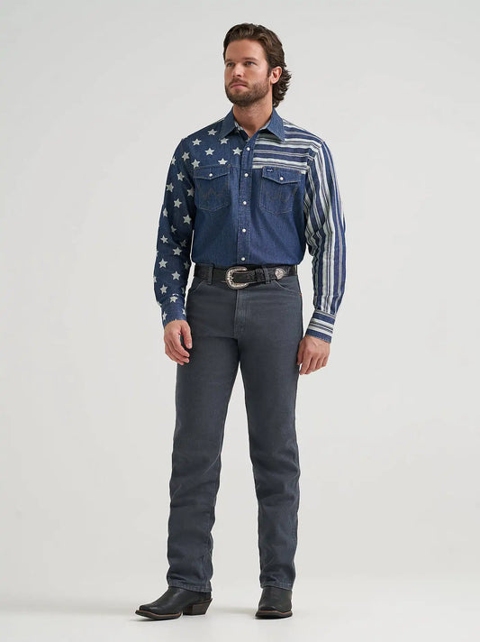 Vintage-Inspired Stars & Stripes Western Snap Shirt in Indigo